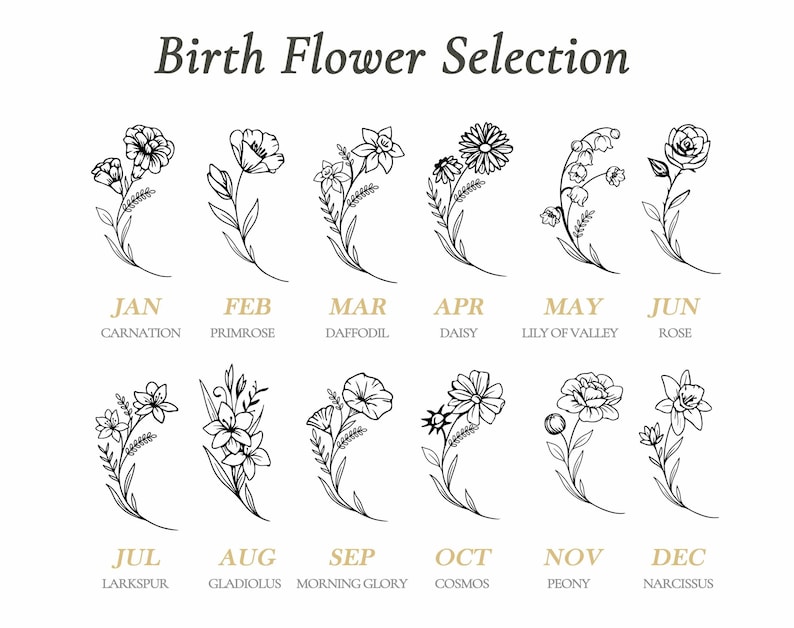 May include: A white graphic featuring 12 line-drawn flowers, each representing a birth month. The months are labeled with their corresponding flowers, such as January's Carnation and June's Rose. The text "Birth Flower Selection" is at the top.