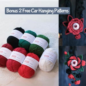 May include: A collection of yarn skeins in various colors, including black, green, red, and white, with labels. The image also features two crochet flower designs with an eye in the center, perfect for Halloween or spooky decor. Text reads: Bonus: 2 Free Car Hanging Patterns.