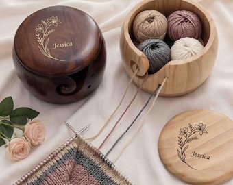 Personalized Birth Flower Yarn Bowl for Mom, Custom Engraved Yarn Bowl, Knitting Crochet Gift for Mom, Yarn Lover Gift-1