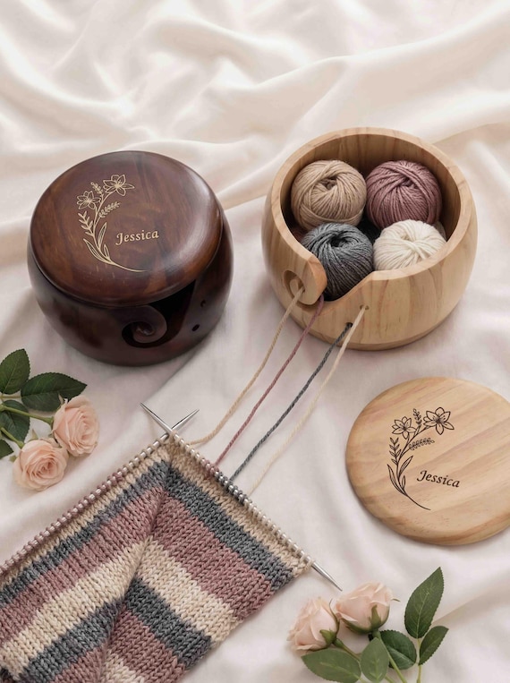 Personalized Birth Flower Yarn Bowl for Mom, Custom Engraved Yarn Bowl, Knitting Crochet Gift for Mom, Yarn Lover Gift-1