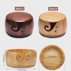 May include: Wooden yarn bowls in two styles, A and B, with a swirl design and holes. Style A is dark brown, and Style B is light wood. The bowls are 5.12 inches (13 cm) in diameter and 3.15 inches (8 cm) high.
