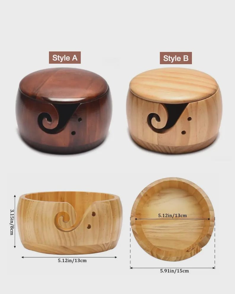 May include: Wooden yarn bowls in two styles, A and B, with a swirl design and holes. Style A is dark brown, and Style B is light wood. The bowls are 5.12 inches (13 cm) in diameter and 3.15 inches (8 cm) high.