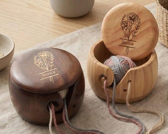 Personalized Birth Flower Yarn Bowl, Engraved Wooden Yarn Bowl Gift for Crocheter & Mom, Custom Floral Yarn Bowl, Large Yarn Bowl Gift-2