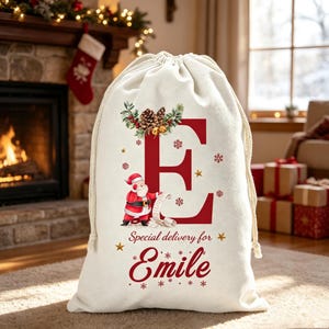 May include: A cream-colored canvas drawstring sack featuring a large red letter E, a graphic of Santa Claus holding a scroll, and the text Special delivery for Emile. The design includes pine branches, pinecones, and small red snowflakes.