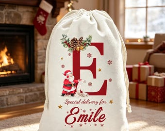 Personalized Large Santa Sack 2026, Personalised santa sacks, Christmas stocking, Christmas sacks, wooden name tag & Initial, Christmas gift