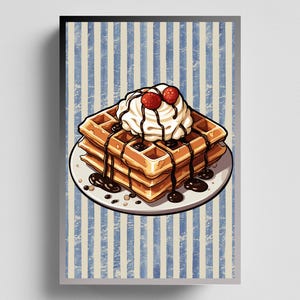 Waffle Dessert Art Print | Chocolate Syrup & Cream Wall Decor | Breakfast Food Poster | Sweet Treat Kitchen Illustration