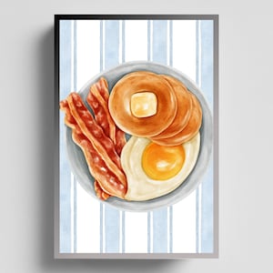 Classic Breakfast Watercolor Art Print | Pancakes Bacon and Eggs Kitchen Decor | Retro Brunch Wall Art | Blue Stripe Cafe Poster