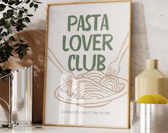 パスタ好きクラブのポスター、イタリアンキッチンの壁アート、面白い食べ物のプリント、モダンなグリーンベージュのタイポグラフィ、ダイニングルームの装飾、面白いアパートのギフト