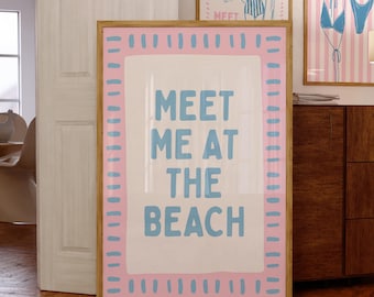 Meet Me at the Beach Wall Art, Coastal Quote Poster, Pink Blue Beach Print, Preppy Coastal Decor, Beach House Wall Art, Trendy Summer Print