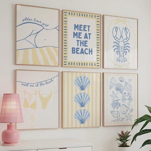 Coastal Beach Wall Art Set of 6, Yellow Blue Beach Gallery Wall, Meet Me At The Beach, Lobster & Shell Coastal Print, Summer Beach House Art