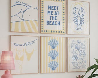 Coastal Beach Wall Art Set of 6, Yellow Blue Beach Gallery Wall, Meet Me At The Beach, Lobster & Shell Coastal Print, Summer Beach House Art