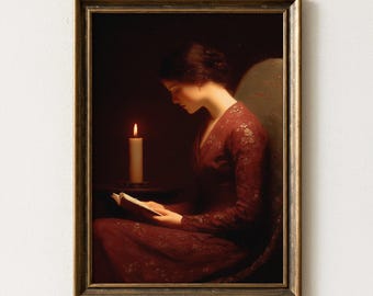 ろうそくの灯りの下で読書する女性の肖像画、ダークアカデミアの壁掛けアート、ヴィンテージ油絵、ビクトリア朝美学プリント、ファインアート装飾、デジタル