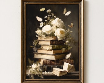 May include: A framed wall art print featuring a stack of weathered, antique books topped with a bouquet of white roses and delicate greenery. Several butterflies are depicted fluttering around the flowers against a dark, moody background.