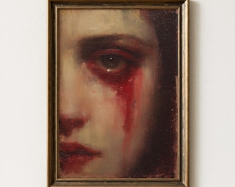 Bloody Tear Portrait, Dark Emotional Wall Art, Dark Academia Print, Gothic Oil Painting Print, Melancholic Face Art, Sad Girl Decor, DIGITAL