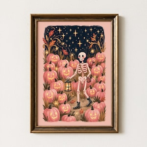 Pink Halloween Wall Art, Skeleton Pumpkin Patch Print, Cute Girly Spooky Decor, Pink Pumpkin Halloween Decor, Whimsical Skeleton Poster