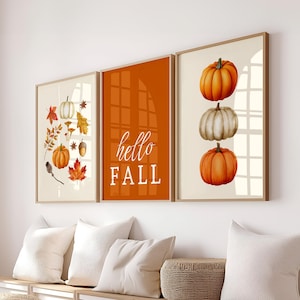 Fall Wall Art Set of 3, Pumpkin Wall Decor, Hello Fall Prints, Autumn Gallery Wall, Thanksgiving Decor, Kitchen Decor, Printable Wall Art