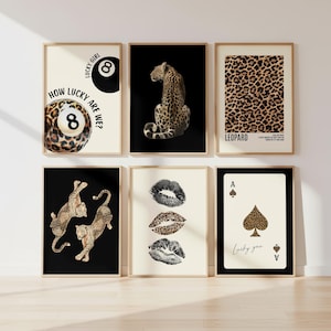 Leopard Wall Art Set von 6 druckbare, mutige Tierdruck-Galeriewand, Mode-Mädchen-Schlafzimmerdekor, Gepard-Maximalist-Statement-Kunst-Bundle