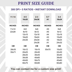 May include: A print size guide chart with dark purple text on a white background. It lists five aspect ratios with corresponding dimensions in inches and centimeters, including 11:14, 4:5, 2:3, 5:7, and 3:4. The text includes 300 DPI, 5 ratios, and instant download.