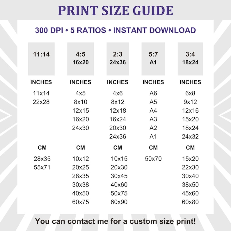 May include: A print size guide chart with dark purple text on a white background. It lists five aspect ratios with corresponding dimensions in inches and centimeters, including 11:14, 4:5, 2:3, 5:7, and 3:4. The text includes 300 DPI, 5 ratios, and instant download.