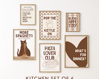 May include: A set of six framed wall art prints with a kitchen theme in shades of brown and cream. The prints feature text including Guest Check, Pop The Kettle On, Buon Appetito, More Spaghetti Less Upsetti with a cat, Pasta Lover Club, and What's For Dinner.
