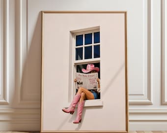 Pink Cowgirl Window Print, Western Wall Art, Pink Cowboy Boots Decor, Cowgirl Reading Newspaper, Coquette Western Decor, Country Girl Print