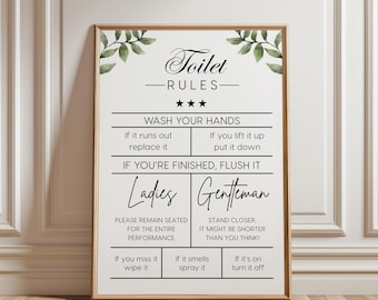 Toilet Rules Sign Printable, Funny Wash Your Hands Bathroom Wall Art, Guest Bathroom Humor Poster, Restroom Etiquette Typography Decor