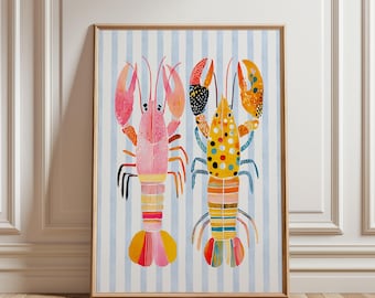 Colorful Lobster Wall Art Print, Coastal Striped Seafood Poster, Nautical Beach House Decor, Trendy Summer Ocean Printable, Trendy Art