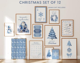Blue Christmas Wall Art Set of 12, Christmas Gallery Wall, Winter Holiday Prints, Blue Xmas Decor, Festive Printable Posters, Holiday Bundle