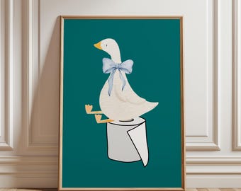 Funny Goose Bathroom Wall Art, Cute Toilet Print, Whimsical Bathroom Decor, Bow Goose Poster, Funny Restroom Printable, Quirky Wall Art