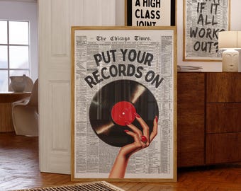 Put Your Records On Print, Vintage Newspaper Wall Art, Retro Vinyl Print, Music Lover Decor, Mid Century Modern Art, Trendy Bar Cart Print