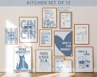Kitchen Wall Art Set of 12, Italian Kitchen Prints, Retro Food Poster Bundle, Pasta & Wine Gallery Wall, Blue Kitchen Decor, Printable Art