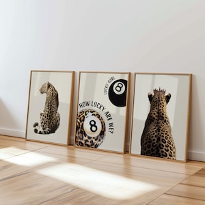 Neutral Beige Leopard Gallery Wall Set, Lucky Girl 8 Ball Print, Cheetah Poster, Minimalist Boho Bedroom Decor, Wild Animal Aesthetic Gift