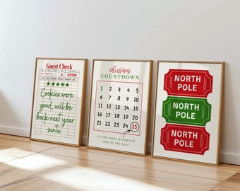 Christmas Wall Art Set of 3, North Pole Christmas Print, Holiday Countdown Poster, Santa Cookie Sign, Vintage Xmas Printable Decor