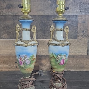 Antique French Sevres Porcelain Brass Urn Lamp Set Hand Painted