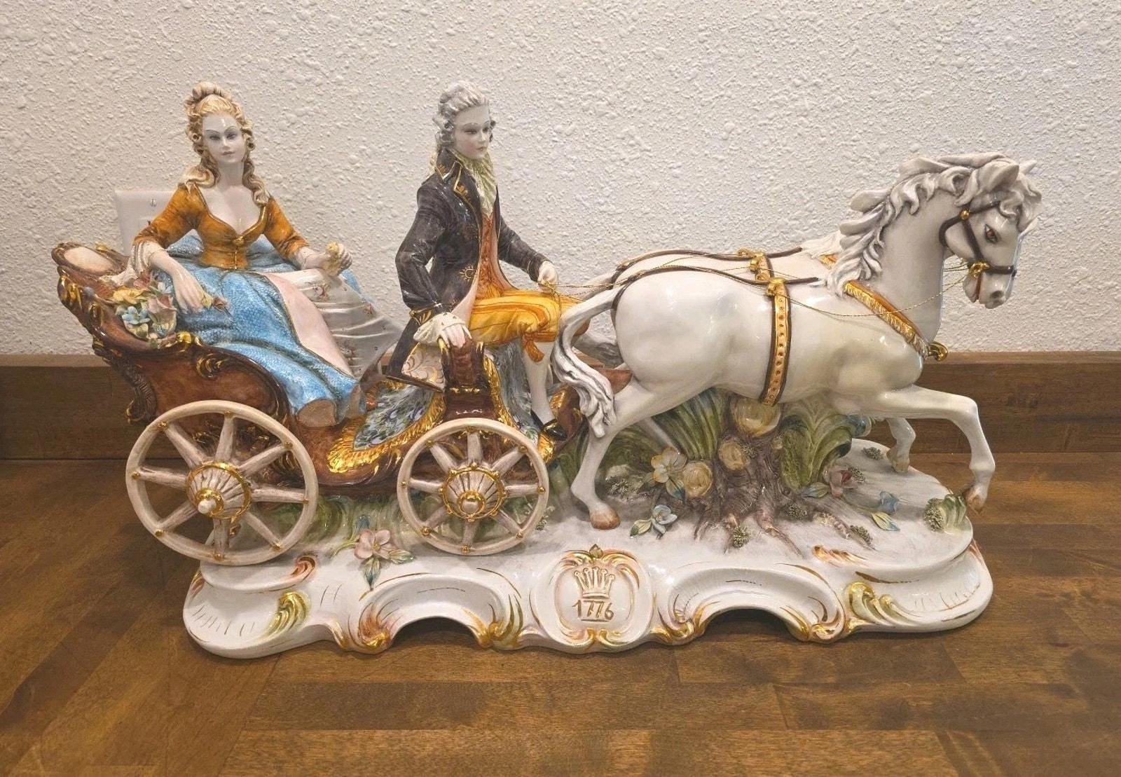Antique D. Polo Uiato Porcelain Horse Drawn Carriage Large