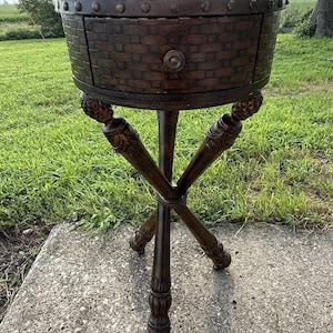 Antique Vintage Leather Top SOLID Wood Wooden End Accent Side Table Plant Stand