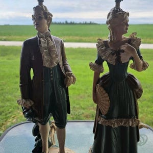 Antique Vintage Victorian Colonial Man Woman Lamp Set Working Porcelain