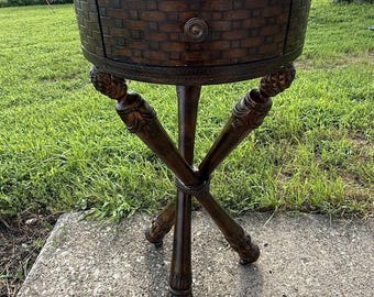 Antique Vintage Leather Top SOLID Wood Wooden End Accent Side Table Plant Stand