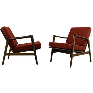 Vintage Paar Sessel | 60er Jahre Restaurierte Clubsessel | Holzgestell Lounge Chairs 2er Set | Retro Orange Sessel | 1960 Polen