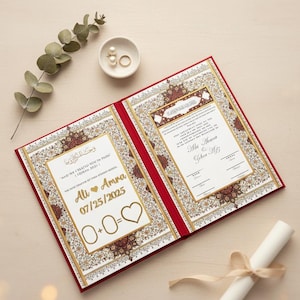 Puede incluir: Invitación de boda abierta con bordes rojos y patrones dorados y burdeos ornamentados. La invitación incluye los nombres Ali y Amra, la fecha 25/07/2025 y un símbolo de corazón. También hay un pergamino enrollado con una cinta.