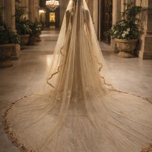 May include: A long, flowing bridal veil with a delicate, beaded trim and scattered embellishments. The veil is a soft, neutral colour, and the trim features a repeating pattern of small beads. The veil is displayed in a grand, ornate hallway.