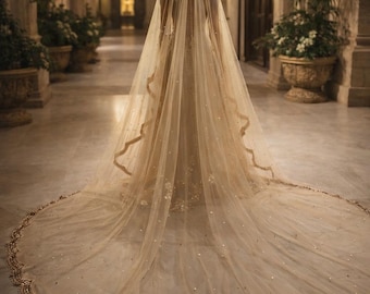 Champagne Cathedral Bridal Veil | Gold Lace, Pearl Wedding Veil