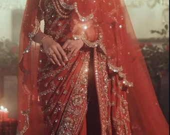Bridal Net Dupatta, Pearl Embellished rust orange Wedding Veil