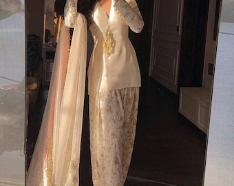 Ivory Designer Raw Silk Short Kurti and  Farshi Shalwar Set with  Dupatta Punjabi Fashion