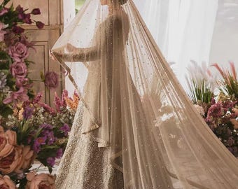 Bridal Net Dupatta, Pearl Embellished Champagne Gold Wedding Veil