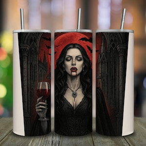 Wrap gothic vampier beker: Halloween-horror vrouw, vleermuizen, rode maan (digitaal png-bestand)