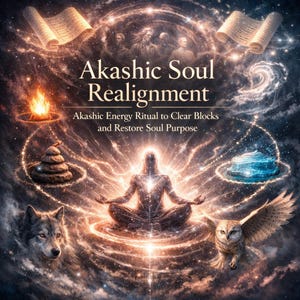 Può includere: Illustrazione digitale con il testo "Akashic Soul Realignment" e la frase "Akashic Energy Ritual to Clear Blocks and Restore Soul Purpose". L'immagine raffigura una persona che medita, un lupo, un gufo e altri elementi spirituali.