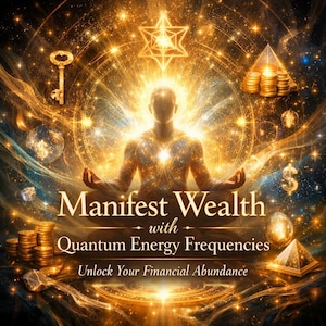 Peut inclure: Illustration numérique dorée. Une personne médite, entourée de symboles de richesse : pièces, clé, symbole dollar. Le texte dit "Manifestez la richesse avec les fréquences de l'énergie quantique. Débloquez votre abondance financière."
