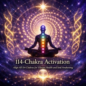 Op de afbeelding: Digitale kunst die een persoon toont die mediteert met een gloeiende chakra-uitlijning. De afbeelding bevat een spiraal van licht, DNA-strengen en de tekst "114-Chakra Activation" met de slogan "Aligneer alle 114 chakra's voor levendige gezondheid en zielontwaking."