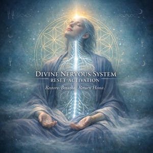 May include: Digital art depicting a person in meditation, with eyes closed and hands resting in their lap. The image features a glowing light emanating from the head and a central line of light. Text reads "DIVINE NERVOUS SYSTEM RESET ACTIVATION".
